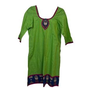 Handmade Lime Green Buddha Print Cotton Tunic Dress Est Medium Fuchsia Trim